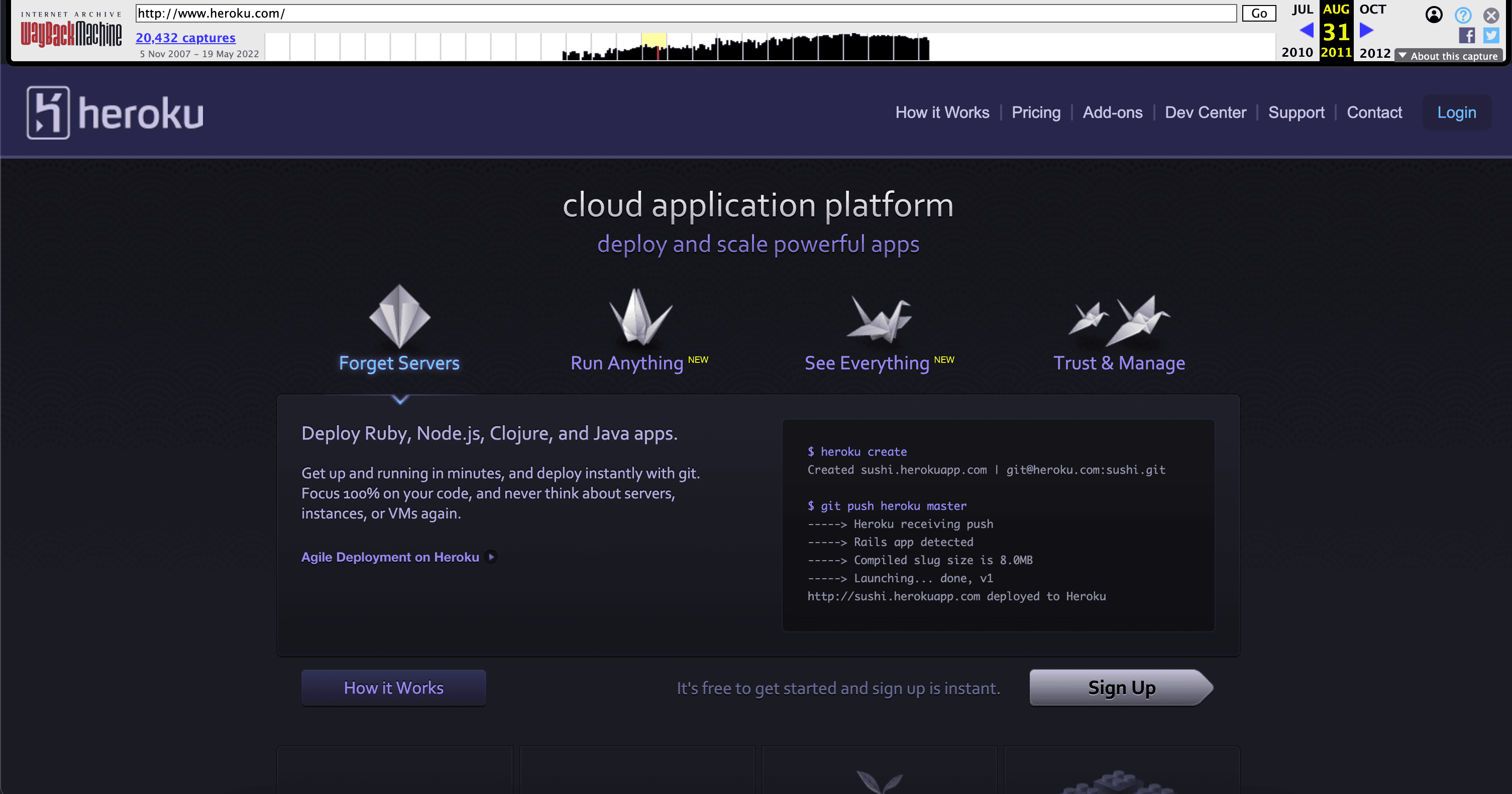 Heroku’s landing page in 2011 after expanding past Ruby to become a cloud application platform