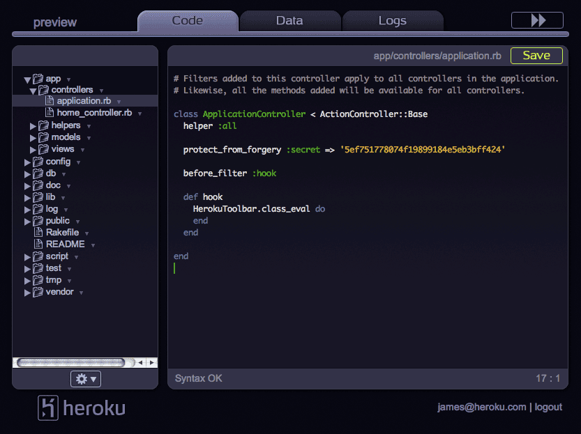 Heroku's original product, an in-browser IDE allowing you to instantly create and publish a Rails app.