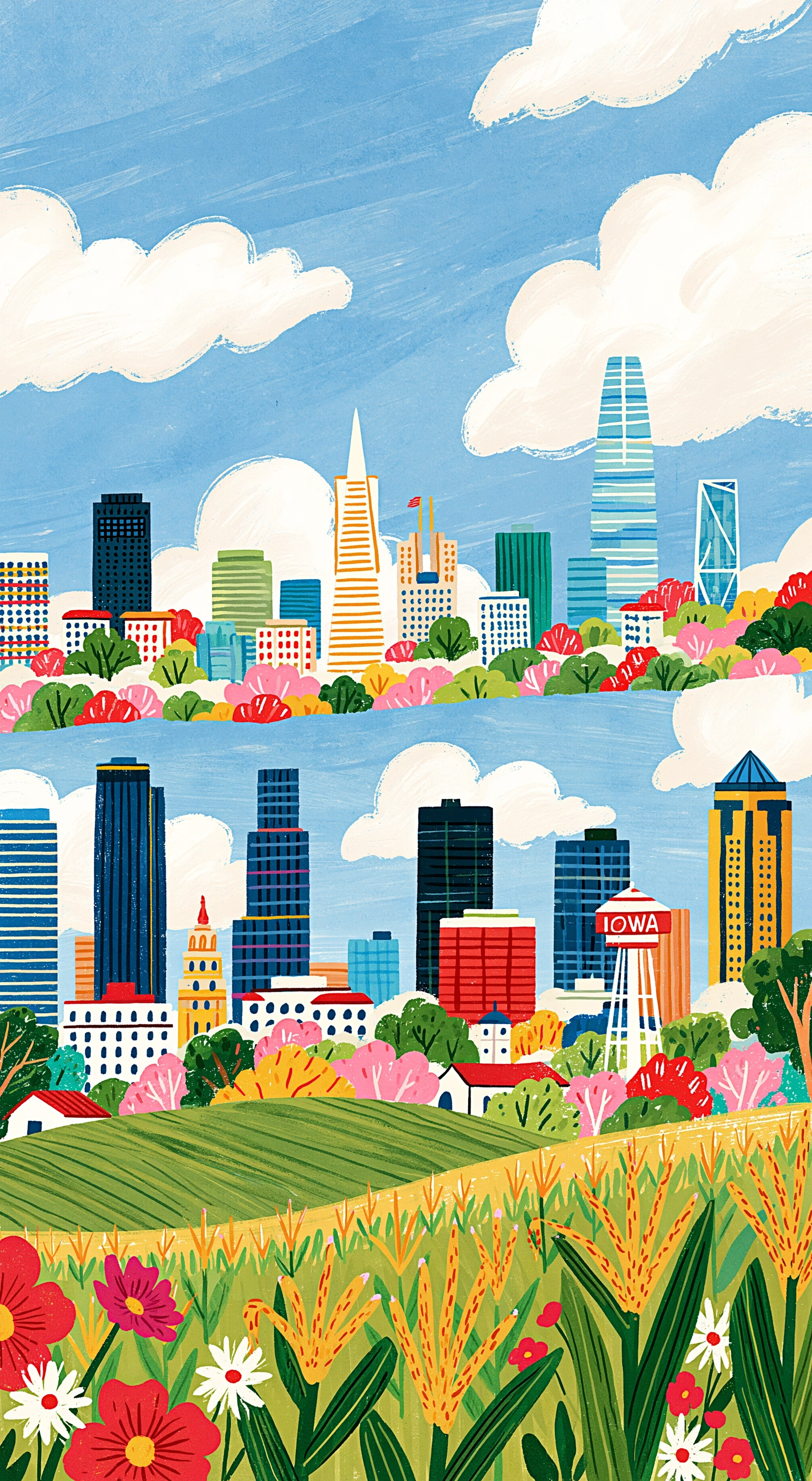 A colorful, hand-painted illustration with textured brushstrokes blending the San Francisco skyline into the Des Moines skyline and rolling Iowa fields, representing my life and journey over the years